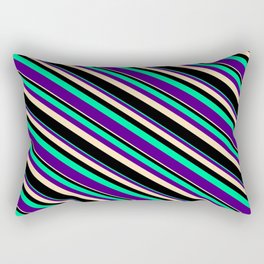 [ Thumbnail: Green, Indigo, Beige, and Black Colored Striped Pattern Rectangular Pillow ]