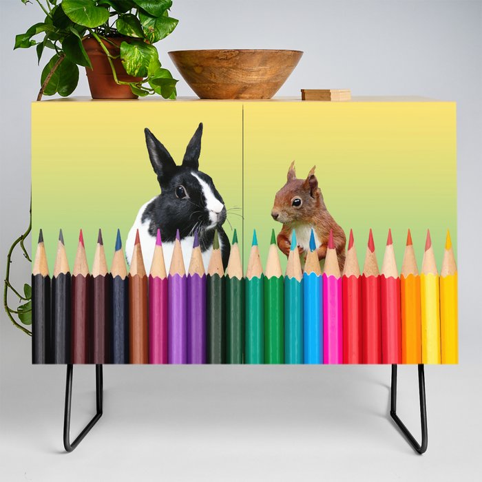 Colored Pencils - Squirrel & black and white Bunny - Rabbit Credenza