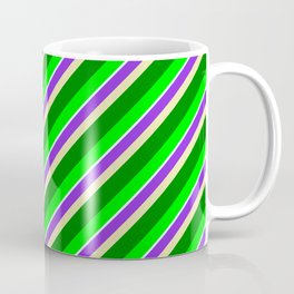 [ Thumbnail: Colorful Purple, Pale Goldenrod, Green, Lime & Light Cyan Colored Stripes/Lines Pattern Coffee Mug ]