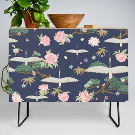 Japanese Crane Tropical Exotic Flower Pattern Credenza