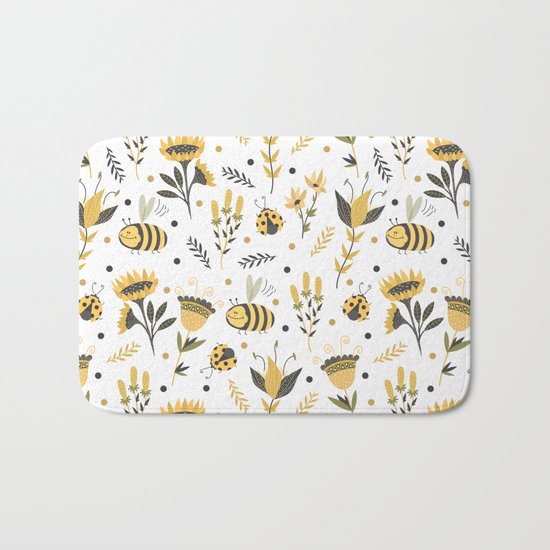 Bees and ladybugs. Gold and black Bath Mat