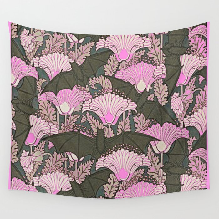 VINTAGE BATS & PINK LILIES ART Wall Tapestry
