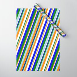 [ Thumbnail: Eye-catching Light Blue, Dark Orange, White, Blue & Green Colored Lined/Striped Pattern Wrapping Paper ]