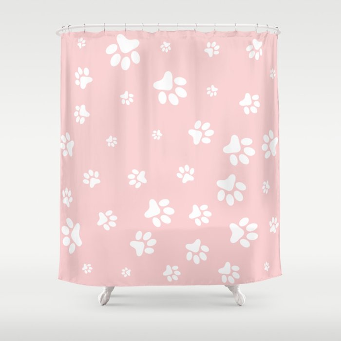 White Pet paw pattern on Pastel Pink background Shower Curtain