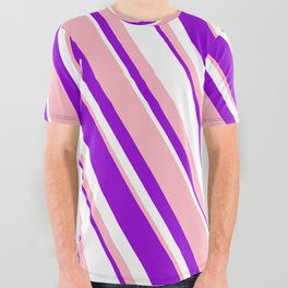 [ Thumbnail: Light Pink, Dark Violet, and White Colored Lined/Striped Pattern All Over Graphic Tee ]