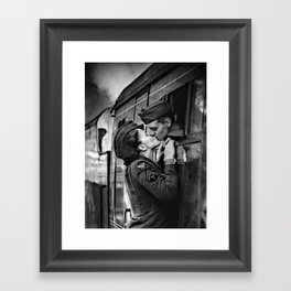 The Kiss - The Last Goodbye - Lovers kissing goodbye through open window on train black and white photograph Framed Art Print