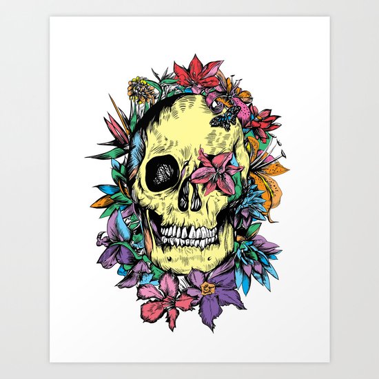 floral skull colorful drawing Art Print