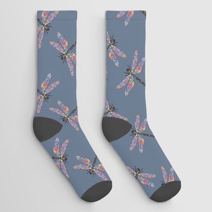 Crazy colorful dragonfly pattern on navy background Socks