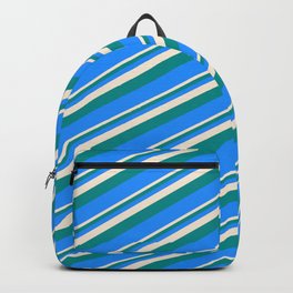 [ Thumbnail: Beige, Dark Cyan, and Blue Colored Lined Pattern Backpack ]