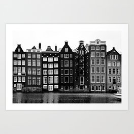 Amsterdam Canal Houses - De Damrak The Netherlands - Black and white street photography - Wall Art Print  Art Print