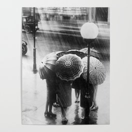 Friends in the Rain with Umbrellas black and white photography Poster