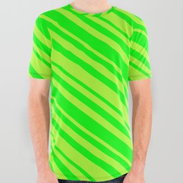 [ Thumbnail: Light Green and Lime Colored Stripes/Lines Pattern All Over Graphic Tee ]