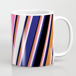 [ Thumbnail: Chocolate, Hot Pink, Mint Cream, Midnight Blue & Black Colored Lines/Stripes Pattern Coffee Mug ]