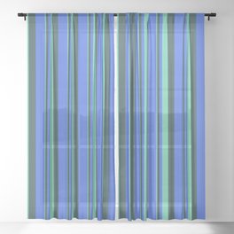 [ Thumbnail: Aquamarine, Dark Slate Gray, and Royal Blue Colored Lines/Stripes Pattern Sheer Curtain ]