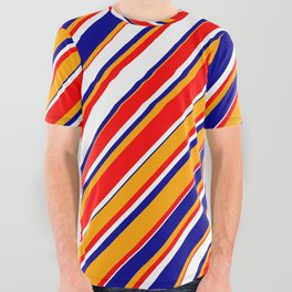 [ Thumbnail: White, Dark Blue, Orange & Red Colored Stripes/Lines Pattern All Over Graphic Tee ]