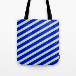 [ Thumbnail: Beige, Light Green, Sky Blue, Blue & Royal Blue Colored Pattern of Stripes Tote Bag ]