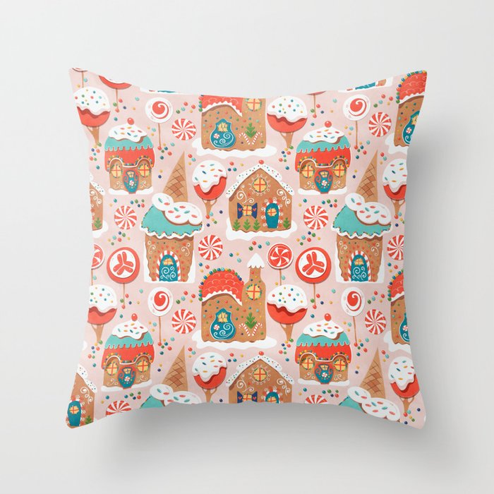 Gingerbread Candy Land on pink Throw Pillow