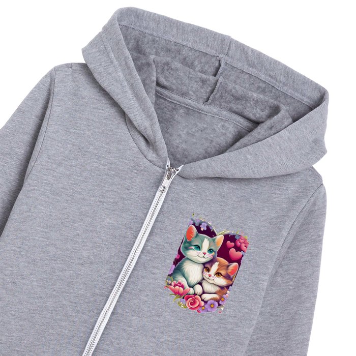 Feline Love: Designing Two Adorable Cats with Roses in a Heart Shape Kids Zip Hoodie