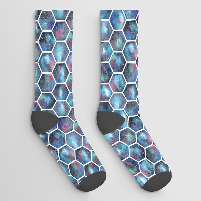Watercolor Galaxy Honeycomb Pattern Socks