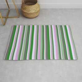 [ Thumbnail: Vibrant Forest Green, Dim Grey, Dark Sea Green, Plum, and Lavender Colored Lined/Striped Pattern Rug ]