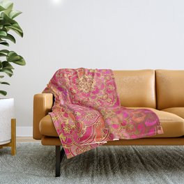 Hot Pink and Gold Baroque Floral Pattern Throw Blanket
