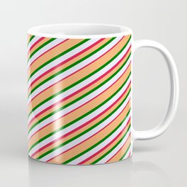 [ Thumbnail: Brown, Dark Green, Lavender, and Crimson Colored Stripes/Lines Pattern Coffee Mug ]