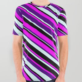 [ Thumbnail: Fuchsia, Indigo, Light Cyan & Black Colored Lines Pattern All Over Graphic Tee ]