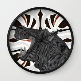 Hippo from Africa with mouth open on a black patterned background Wall Clock