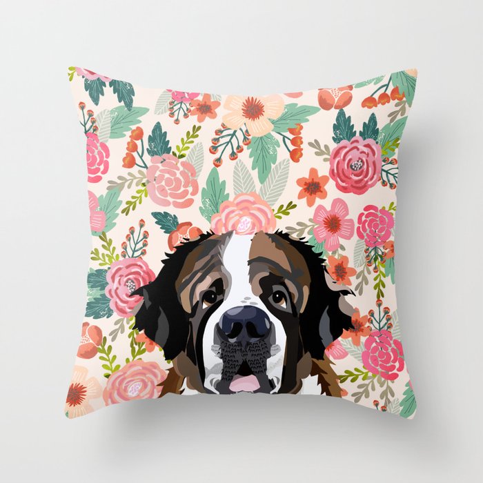 Saint Bernard floral pet portrait dog breed gifts for pure breed dog lovers Throw Pillow