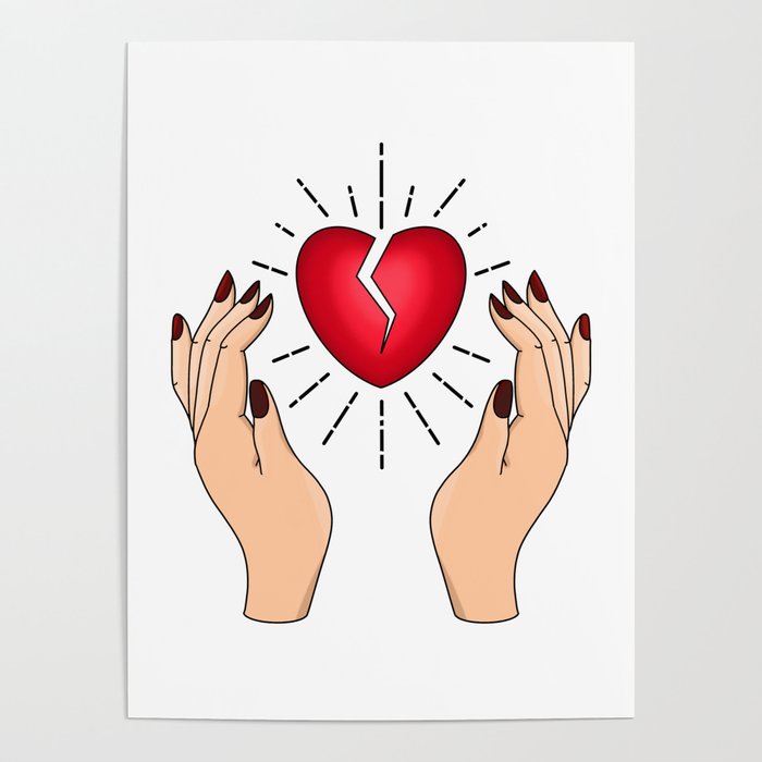Tattoo inspired hands holding broken heart Poster by Gerhanj | Society6