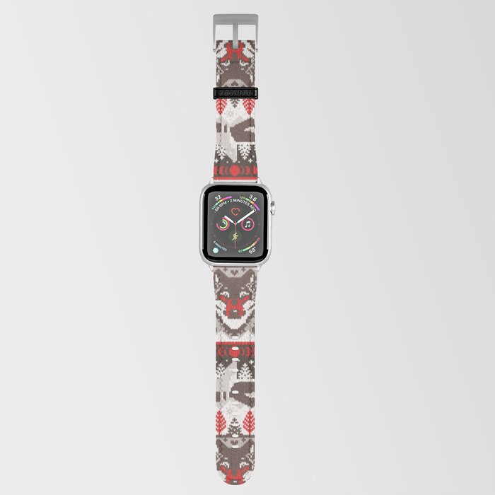 Fair isle knitting grey wolf // oak and taupe brown wolves red moons and pine trees Apple Watch Band