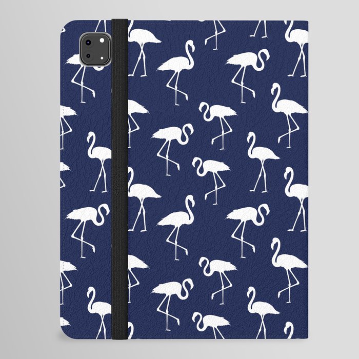 White flamingo silhouettes seamless pattern on navy blue background iPad Folio Case