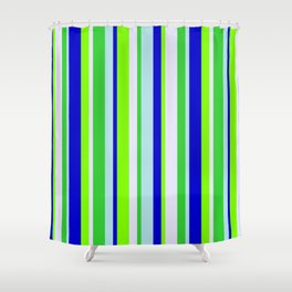 [ Thumbnail: Colorful Powder Blue, Blue, Chartreuse, Lavender & Lime Green Colored Lines Pattern Shower Curtain ]