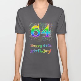 [ Thumbnail: 64th Birthday - Fun Rainbow Spectrum Gradient Pattern Text, Bursting Fireworks Inspired Background V Neck T Shirt V-Neck T-Shirt ]