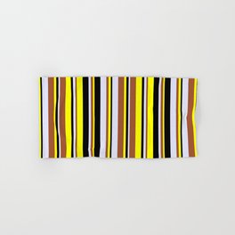 [ Thumbnail: Yellow, Sienna, Lavender, and Black Colored Lines/Stripes Pattern Hand & Bath Towel ]