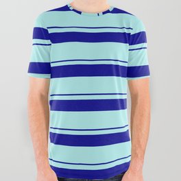 [ Thumbnail: Turquoise & Dark Blue Colored Stripes/Lines Pattern All Over Graphic Tee ]
