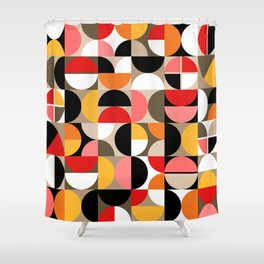 Mid Century Geometric Pattern // Dark Brown, Coral, Pink, Marigold Yellow, Red, Orange, Taupe, White // Geo Art Shower Curtain