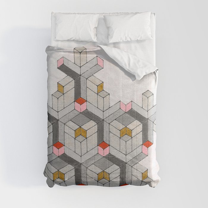 Cubed Pink Abstract Geometric Modern Art Comforter