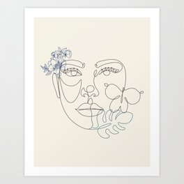 Women face with flower and leaf line art Art Print