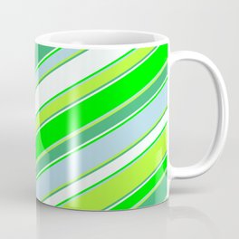 [ Thumbnail: Colorful Sea Green, Mint Cream, Lime, Light Blue, and Light Green Colored Striped/Lined Pattern Coffee Mug ]