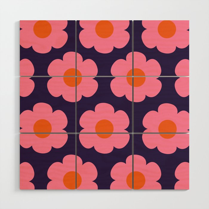 Such Cute Flowers Retro Floral Pattern Pink Orange Blue Wood Wall Art