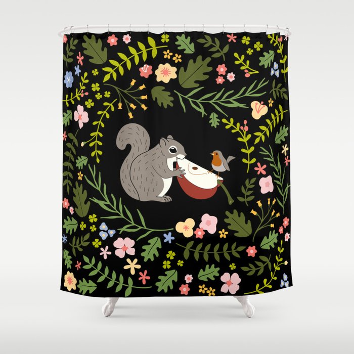 Friendship in Wildlife_Squirrel and Robin_Bg Black Shower Curtain