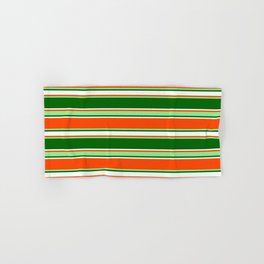 [ Thumbnail: Red, Light Green, Dark Green, and Mint Cream Colored Lined/Striped Pattern Hand & Bath Towel ]