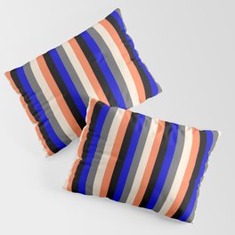 [ Thumbnail: Vibrant Dim Gray, Beige, Coral, Black & Blue Colored Stripes Pattern Pillow Sham ]