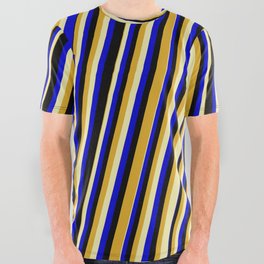 [ Thumbnail: Goldenrod, Pale Goldenrod, Blue & Black Colored Striped Pattern All Over Graphic Tee ]