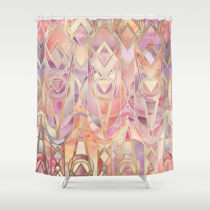 Glowing Coral and Amethyst Art Deco Pattern Shower Curtain