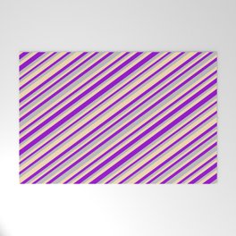 [ Thumbnail: Dark Violet, Grey, and Beige Colored Striped Pattern Welcome Mat ]