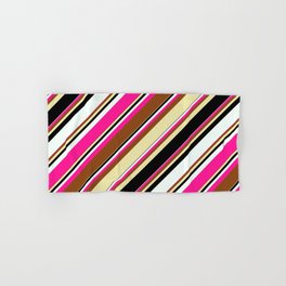 [ Thumbnail: Vibrant Brown, Pale Goldenrod, Black, Mint Cream & Deep Pink Colored Lined/Striped Pattern Hand & Bath Towel ]