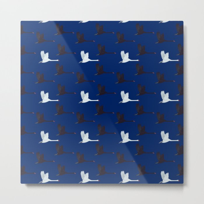 Flying Elegant Swan Pattern on Blue Background Metal Print