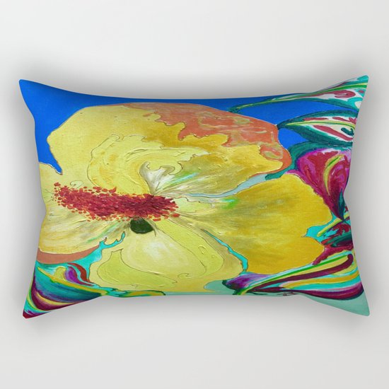Birthday Acrylic Yellow Orange Hibiscus Flower Painting with Red and Green Leaves Rectangular Pillow